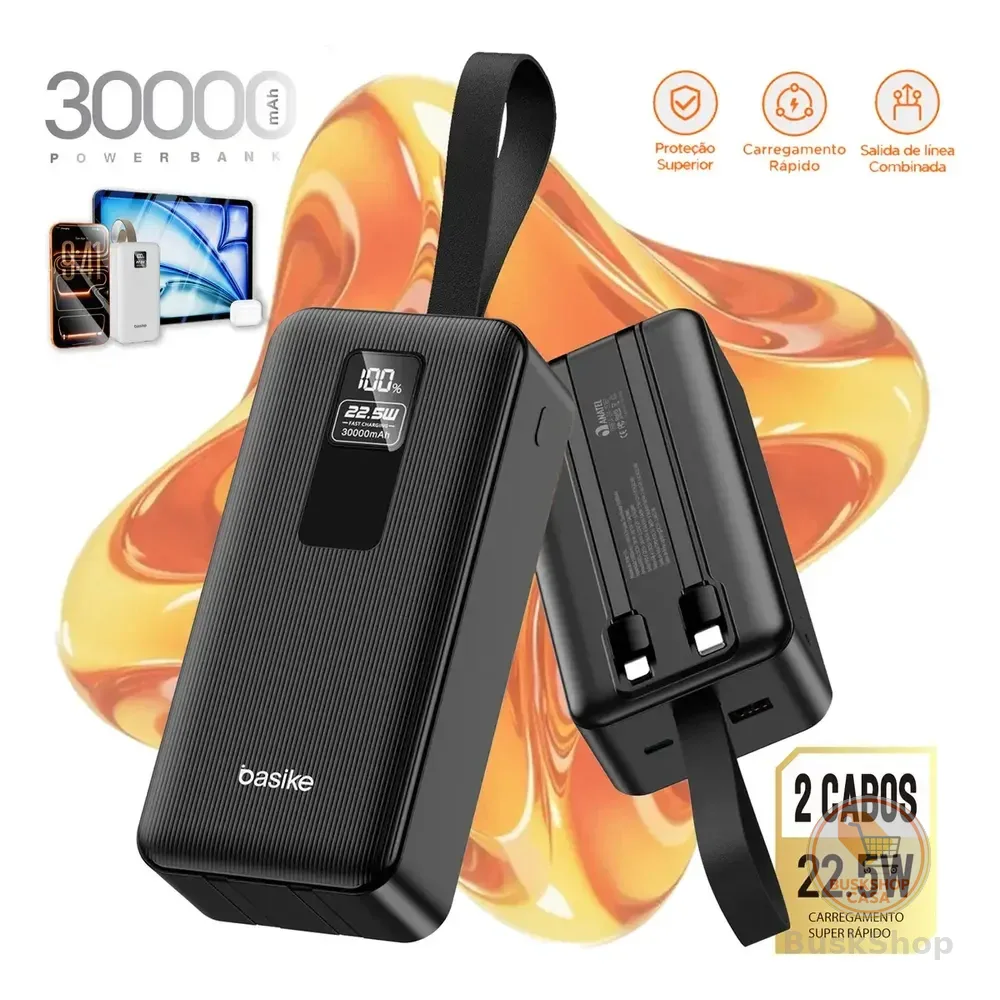 Basike Power Bank Carregador Portátil 30000mah Com Cabo Usb Led Turbo Carga Rápida Universal Para Celulares iPhone... Preto