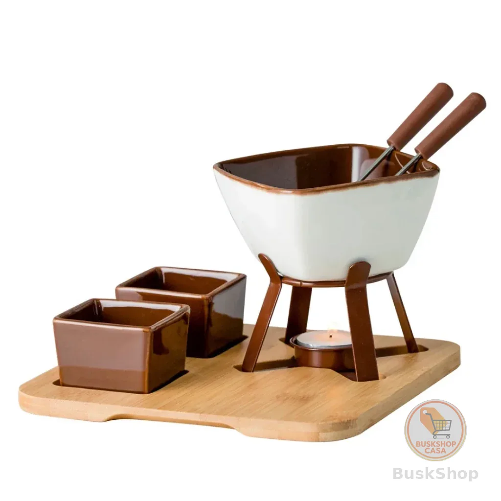 Aparelho de fondue com base em bambu 08 peças L19,7xP19,7xA13cm cor branca e marrom