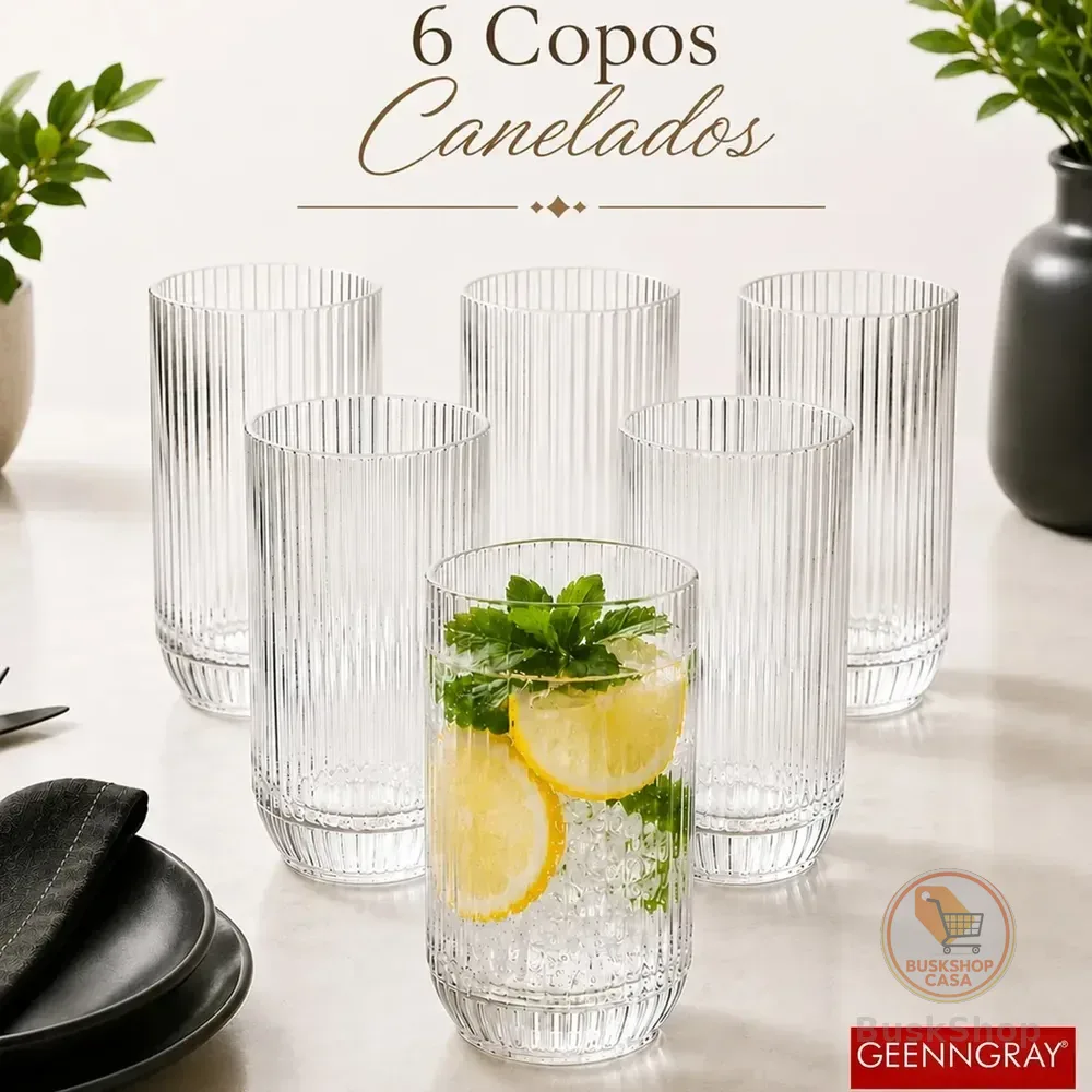 Jogo 6 Copos De Vidro Canelado 423ml Cameratta Água Suco Refrigerante Gourmet Premium Luxo Elegante Drink Café Whisky... Transparente