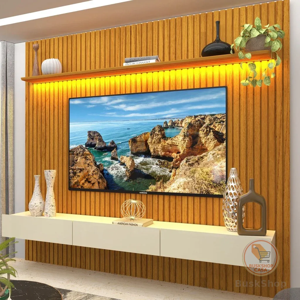 Rack com Painel Ripado para TV até 90 Polegadas com LED 100% MDF 228,8CMX250CM 3 Gavetas Marrom Naturale/Off White