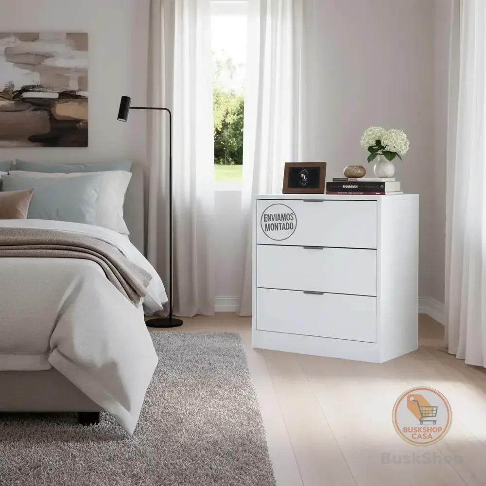 Mesa De Cabeceira Branca 50cm 3 Gavetas Quarto Cama Montado Fosco Branco Cinza