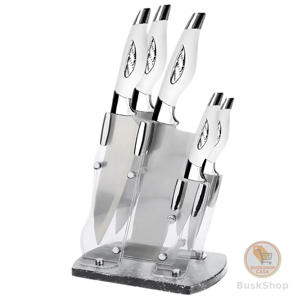 Kit Jogo De Faca Com 5 Peças Inox Com Suporte e Cutelo Profissional