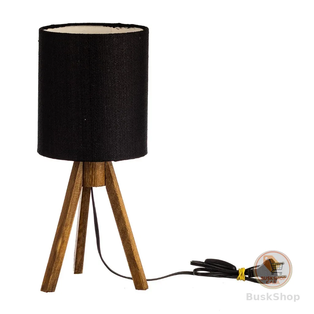 Abajur de Mesa Tripé em Madeira com Cúpula Preta de Tecido Decorativo para Quarto e Sala Paris
