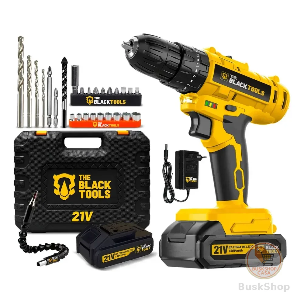 Parafusadeira Furadeira De Impacto A Bateria 21v 3/8 Bivolt 1400 Rpm Com Acessórios E Maleta Tb-21pzw The Black Tools Amarelo 127/220v 60 Hz