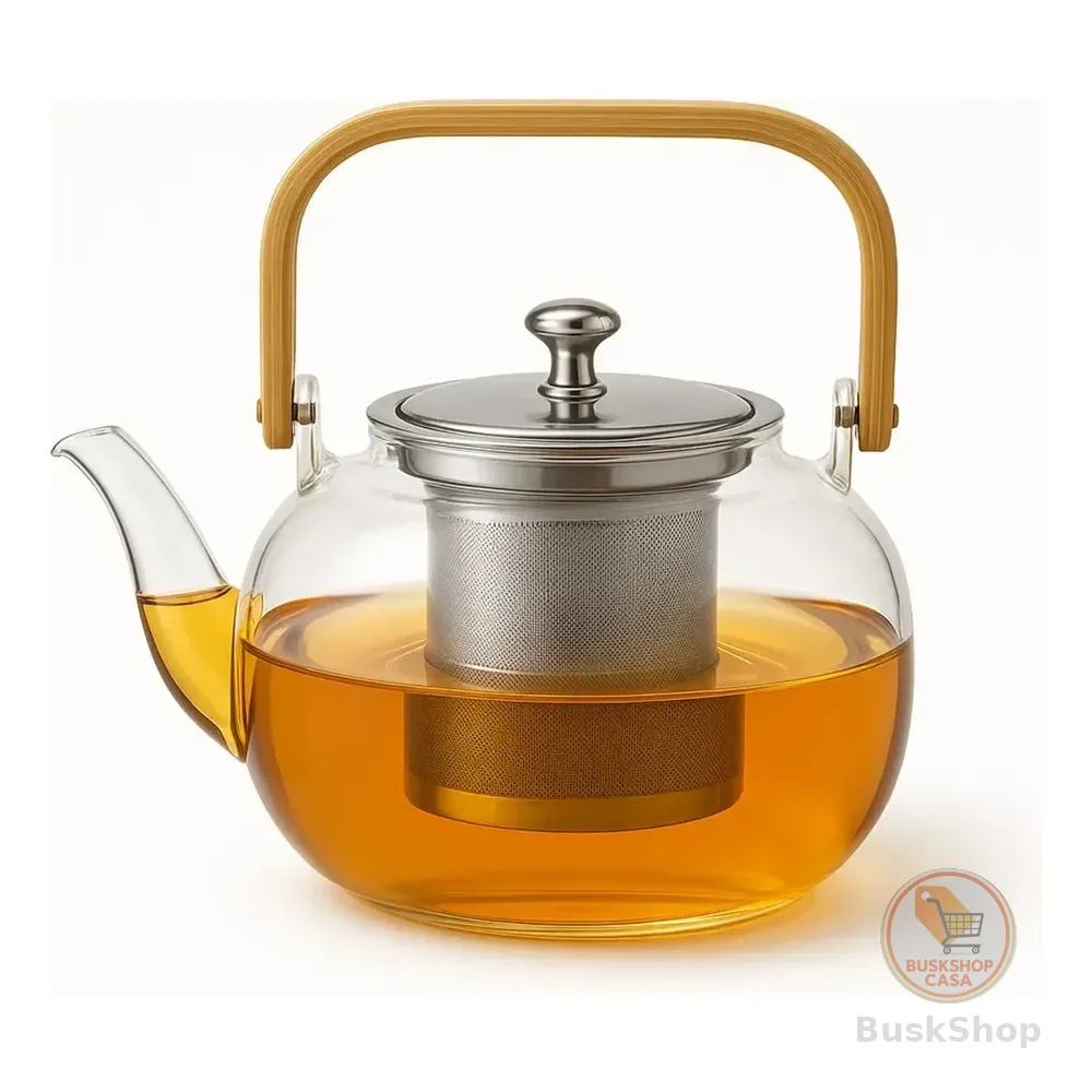 Chaleira Vidro 1l Bambu Inox Vai Ao Fogo Com Infusor Chá Trasparente