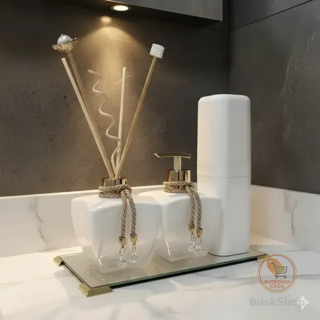 Kit Lavabo Prata Dourado Difusor Bandeja Porta Escovas Decor