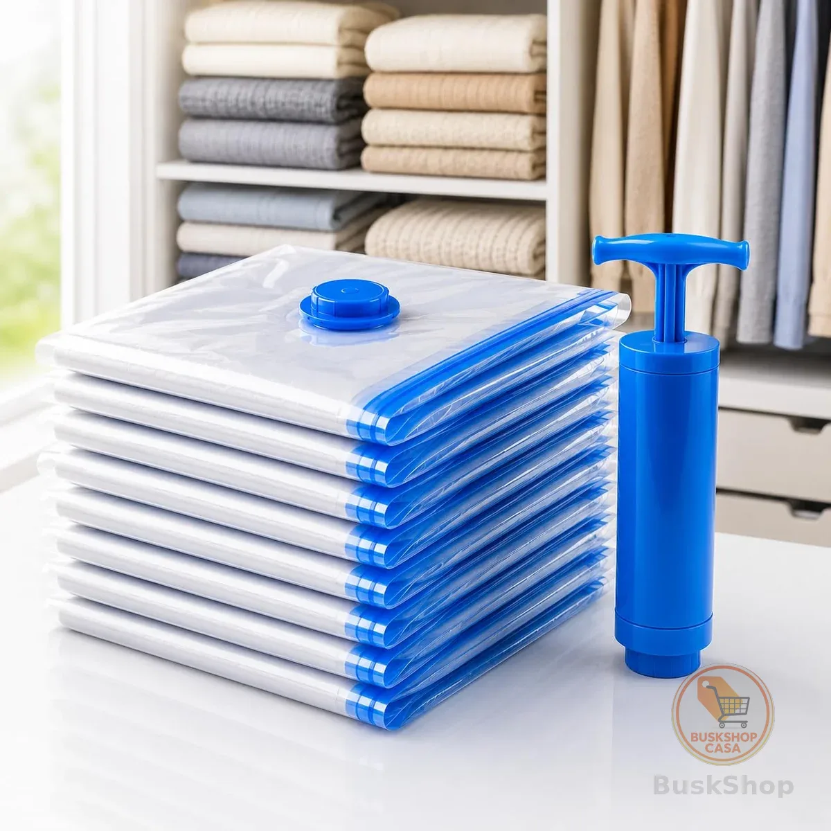 Kit 10 Sacos a Vácuo 50x60cm com Bomba Manual – Organizador de Roupas para Viagem e Armário, Economia de Espaço até 80%, Reutilizável, Proteção Contra Umidade, Poeira e Odores