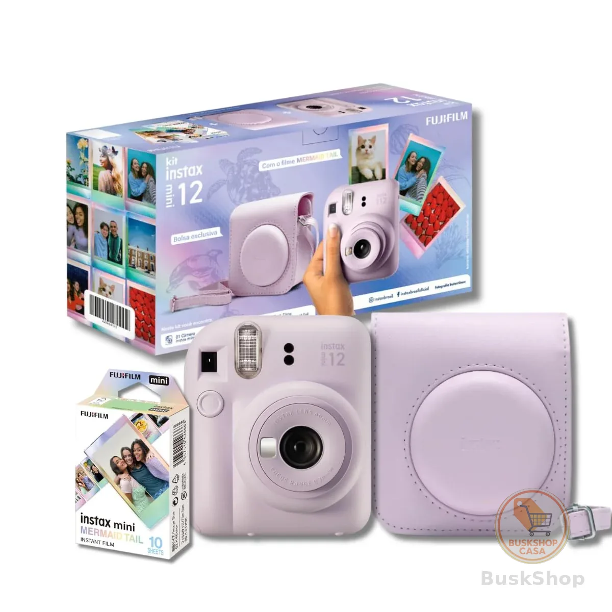 Kit Câmera Instax Mini 12 com pack 10 fotos Mermaid Tail e Bolsa Lilás