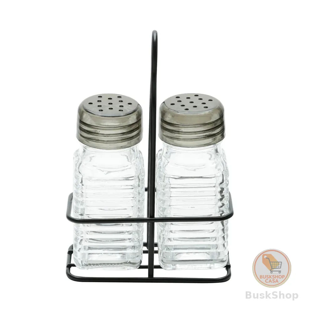 LYOR - Conjunto Saleiro e Pimenteiro de Vidro com Suporte de Metal Preto 70ml