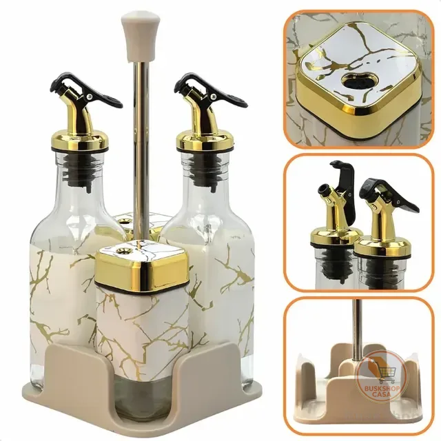 Kit Galheteiro Porta Azeite Vinagre Vidro Paliteiro Saleiro