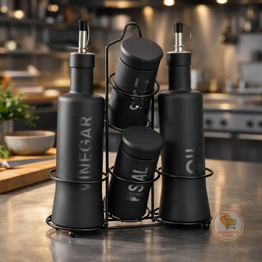 Kit Galheteiro Vidro 5 Peças Azeite Vinagre Saleiro Pimenteiro com Suporte Porta Temperos
