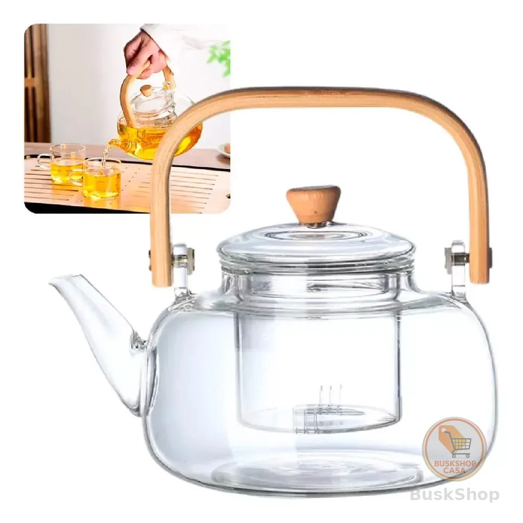 Chaleira de Vidro com Infusor – Cabo de bambu, Ideal para Chá, Café e Decoração