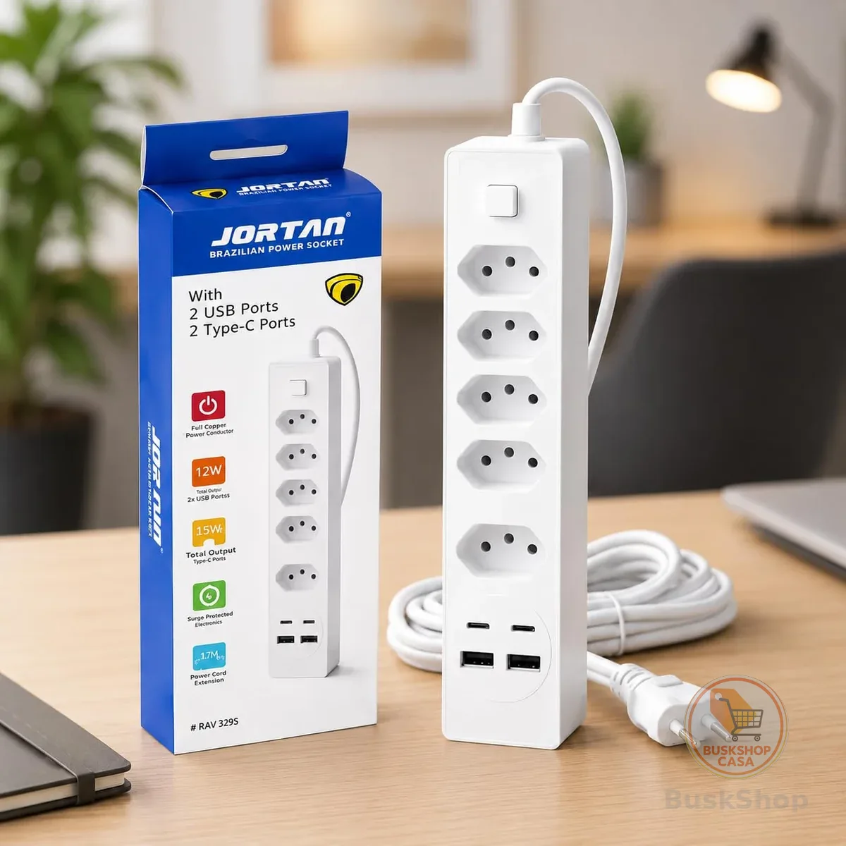 Filtro de Linha 5 Tomadas USB USB-C Proteção Contra Surtos Bivolt 2m