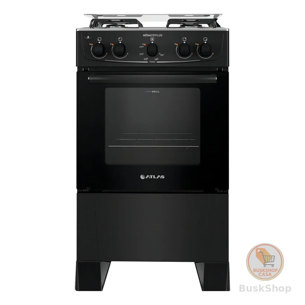 Fogão 4 Bocas Atlas Mônaco Plus Preto Com Mesa Inox E Acendimento Automático Bivolt