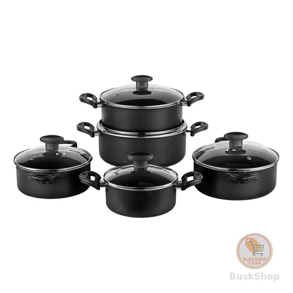 Jogo De Panelas 5 Pçs Antiaderente Tampa De Vidro Cor Preto