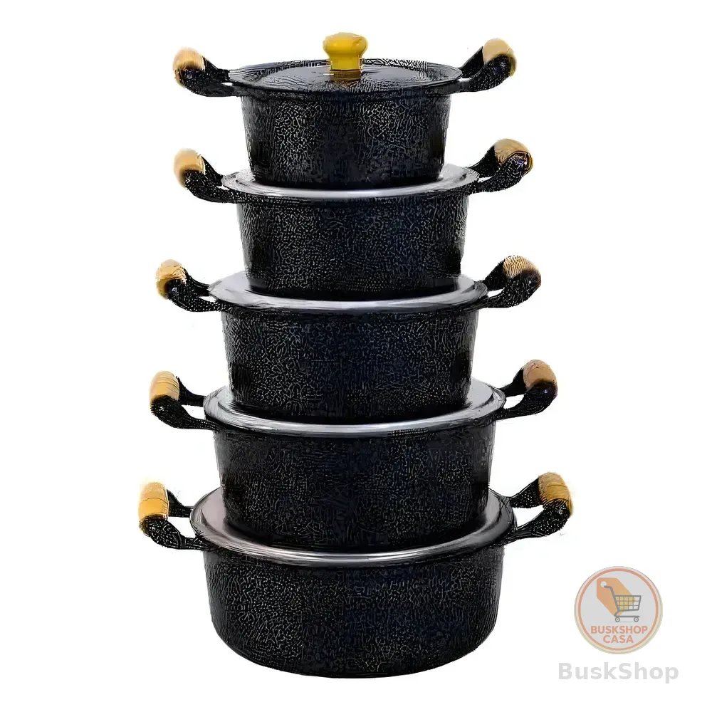 Jogo 5 Panela Alumínio Batido Craqueada Caçarola Kit Fundido Preto