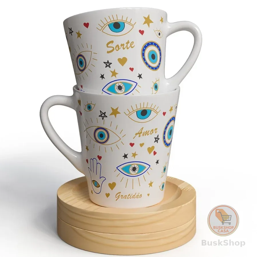 Kit 2 Xícaras Porcelana Com Olho Grego E Pires De Madeira Pinus Para Proteção E Decoração De Café E Chá