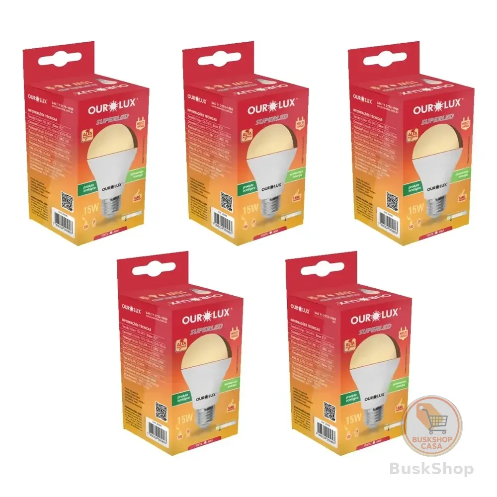 Kit 5 Lâmpadas Led Bulbo A60 15w 3000k Luz Amarela Ourolux 220v Branco-quente