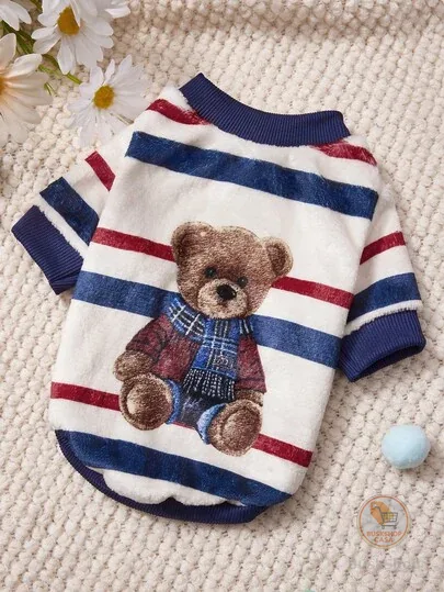 PETSIN 1 Moletom de Flanela com Urso de Pelúcia Impresso, Espesso e Quente para Animais de Estimação no Outono e Inverno, Azul, Branco e Vermelho