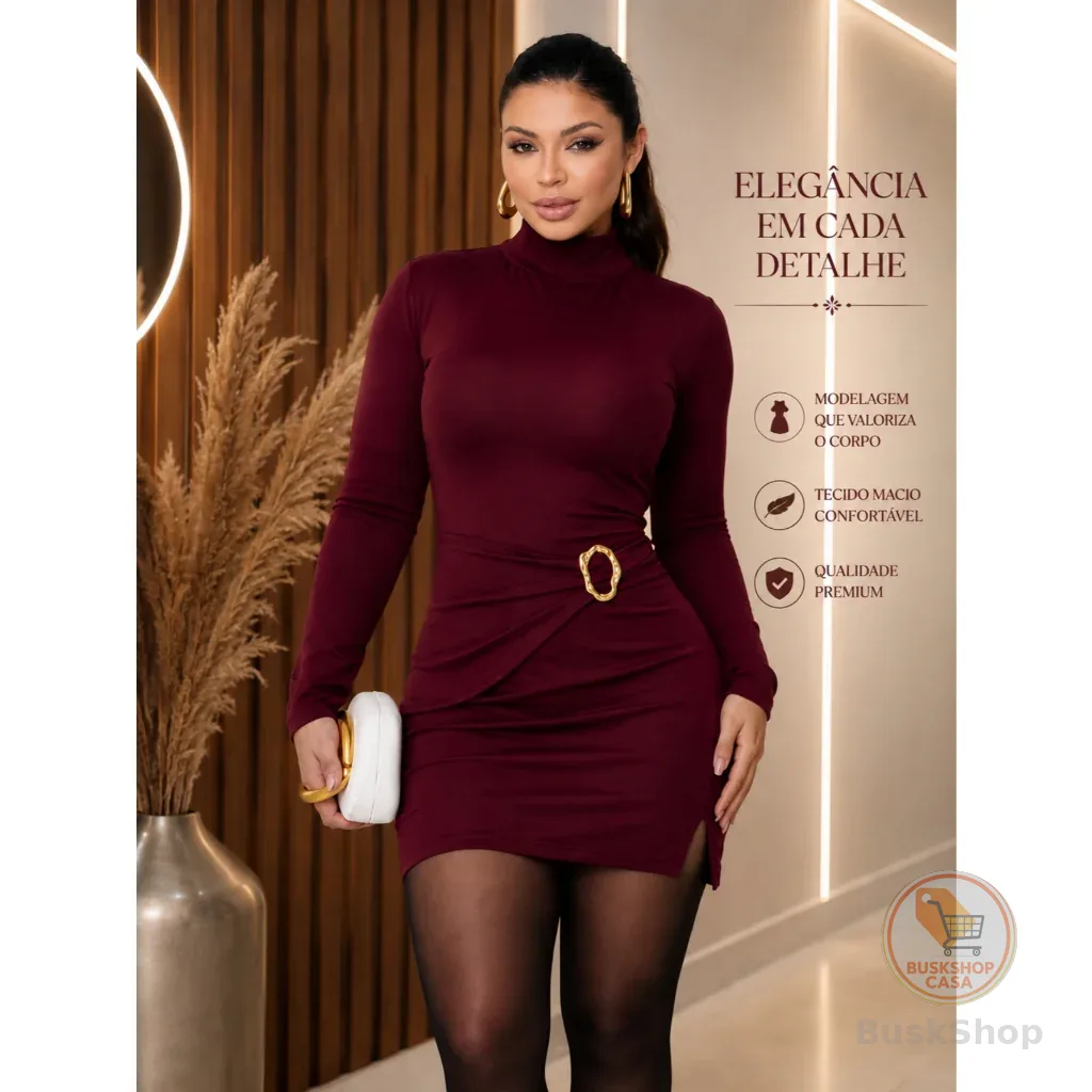 Vestido curto feminino fenda frontal manga longa gola alta fivela luxo acinturado inverno