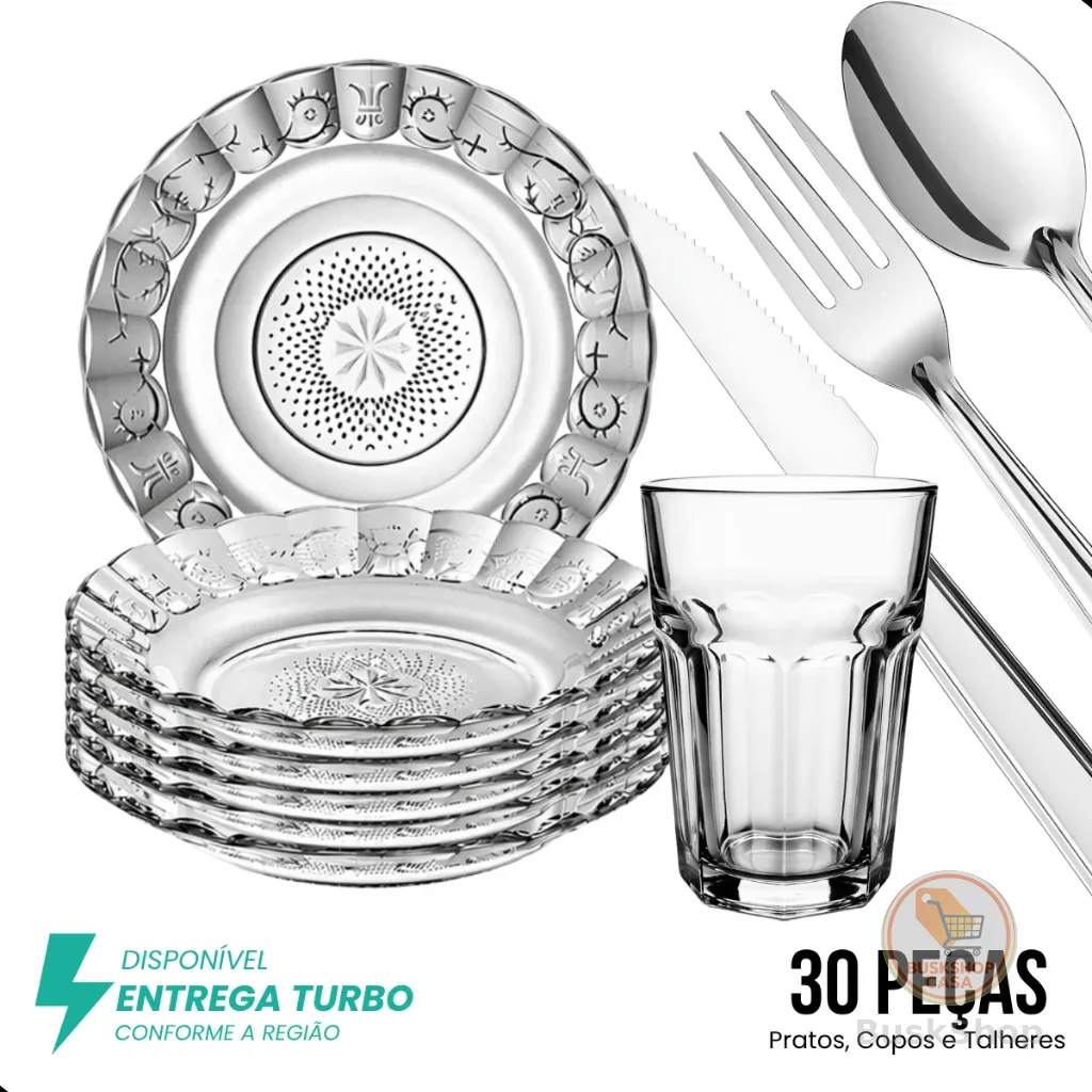 Jogo De Pratos Fundos E Copos C/30 Peças Aparelho de Jantar Em Vidro Com Talheres