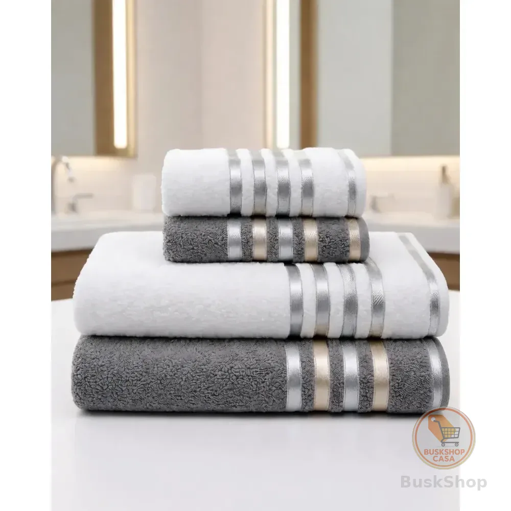 Kit 4 Toalhas 100% Algodão 500g Jogo De Toalhas Banho 150x75cm + Rosto 75x45cm Grossa Alta Absorção Com Bordado Hotel Premium Luxo Lavabo Salão Banhão Branco E Cinza Lisa