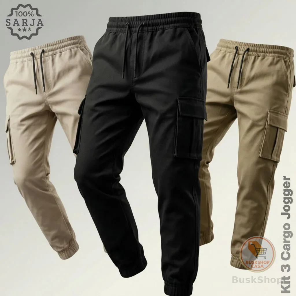 Kit 3 Calça Cargo Masculina Jogger Streetwear Com Punho e Cordão 34 Ao 44 + 3 Cores