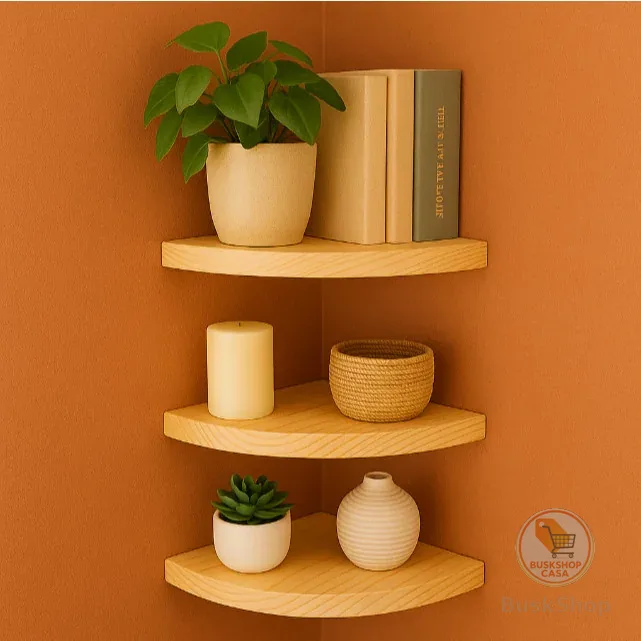 Kit 3 Prateleiras de Canto em Madeira Pinus Natural – Suporte de Parede Decorativo Rústico