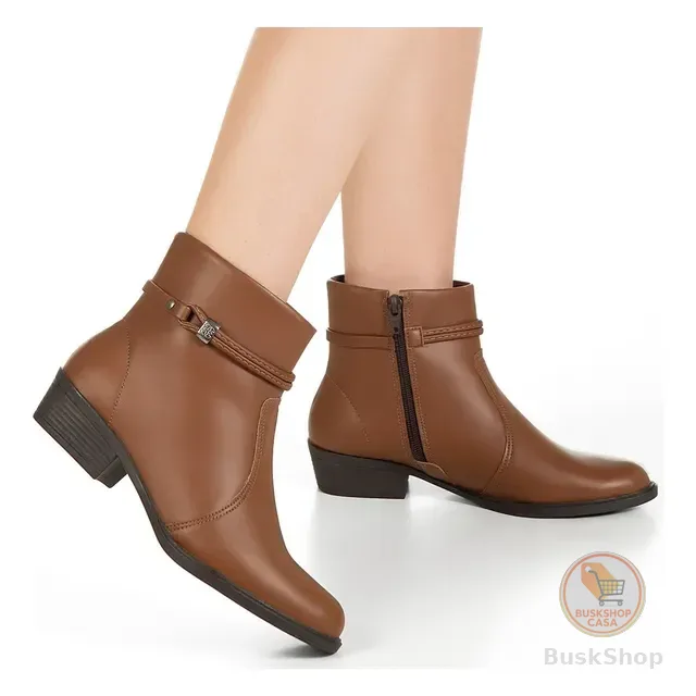 Bota Casual Cano Curto Zíper Salto Baixo Detalhe Lateral
