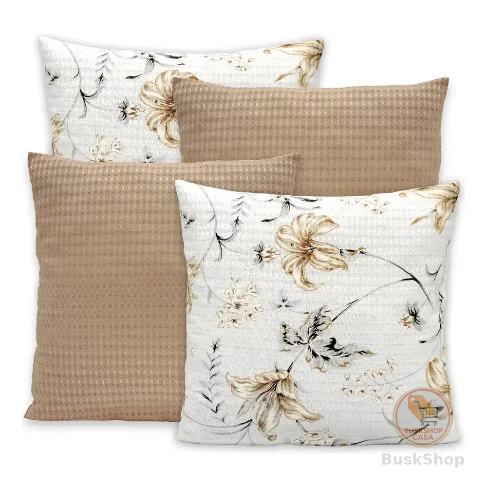 Kit 4 Capas De Almofadas Lisas Estampadas 40x40 Zíper Piquet Cor Lírio - Cáqui Liso / Estampado
