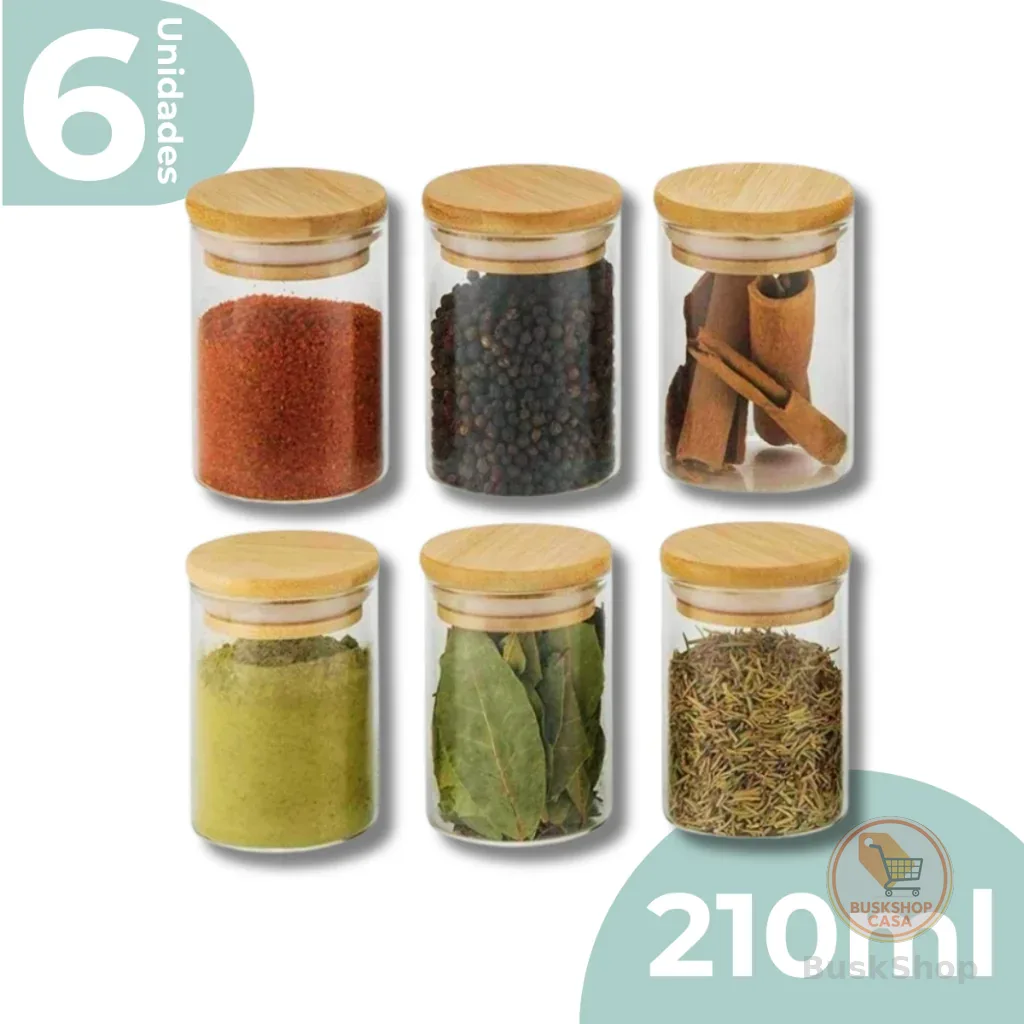 Kit 6 Pote De Vidro Porta Tempero Mantimentos Redondo Borossilicato Tampa De Bambu 210ml