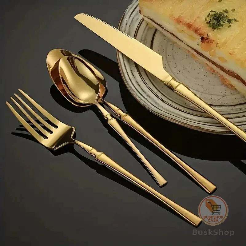 Conjunto de 24 Talheres de Aço Inoxidável Dourado Conjunto de Talheres Cintura Fina Dourado Série Deluxe22