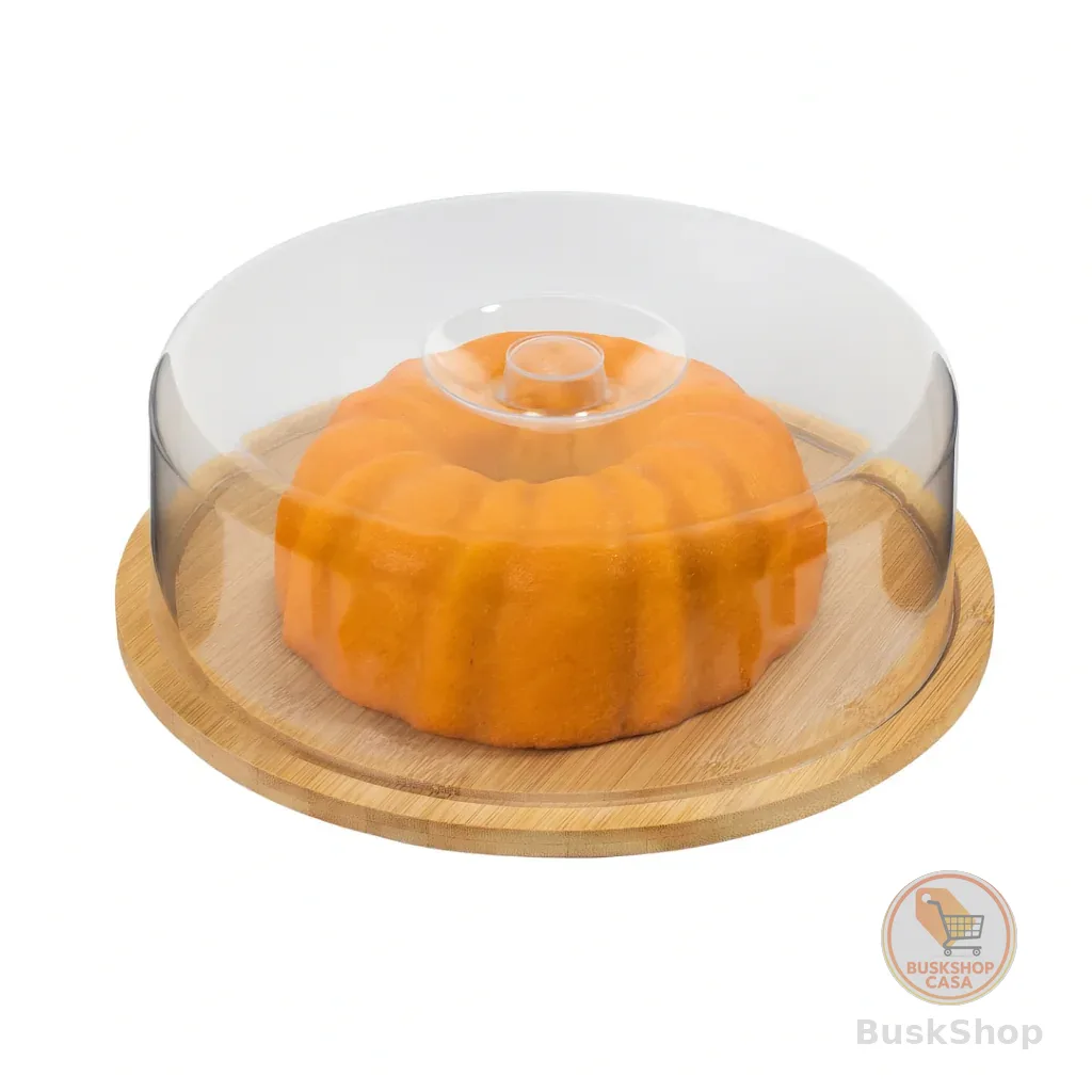 Boleira Bambu Com Tampa Em Acrílico Porta Bolo Para Bolo Torta Pudim Queijo 28cm