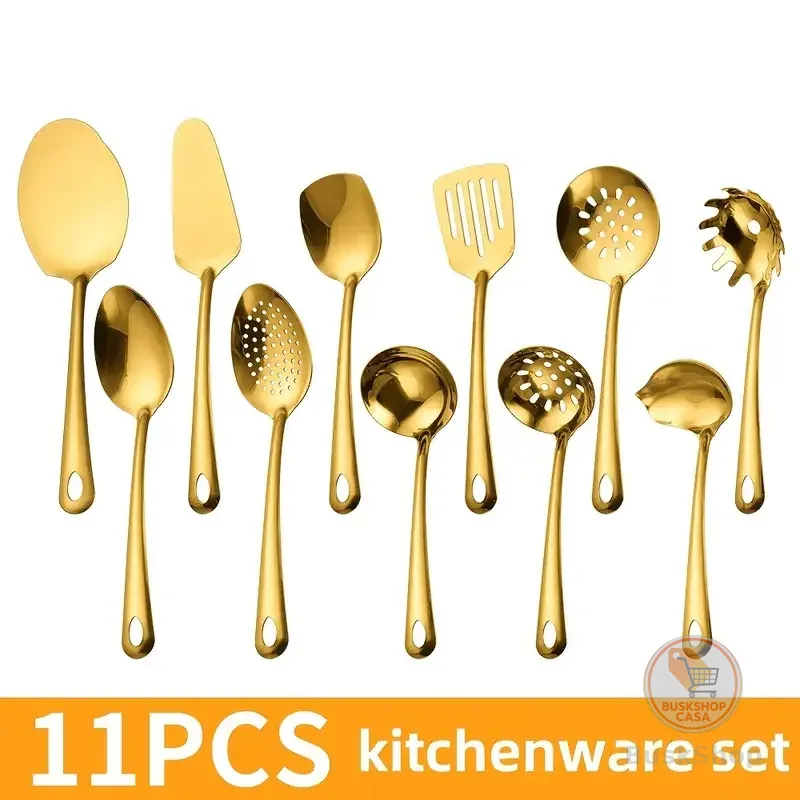 Kit 11 Peças Utensílios de Cozinha Dourado - Espátula Colher Concha Escumadeira Pegador de Pizza