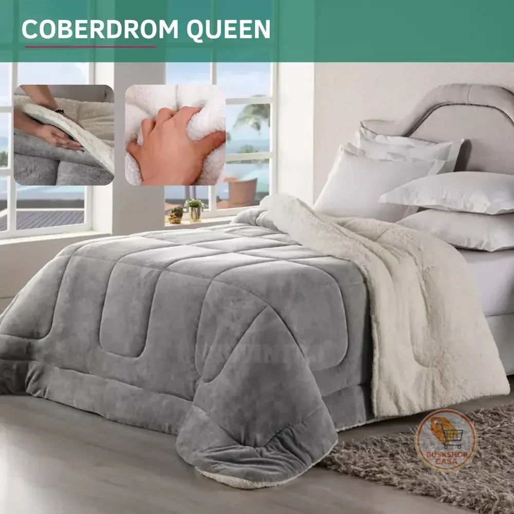 Coberdrom Casal Queen Size Sherpa Cobertor Edredom Inverno Pele Lã Carneiro Super Macio Suave Confortável Luxo Cor Cinza Liso