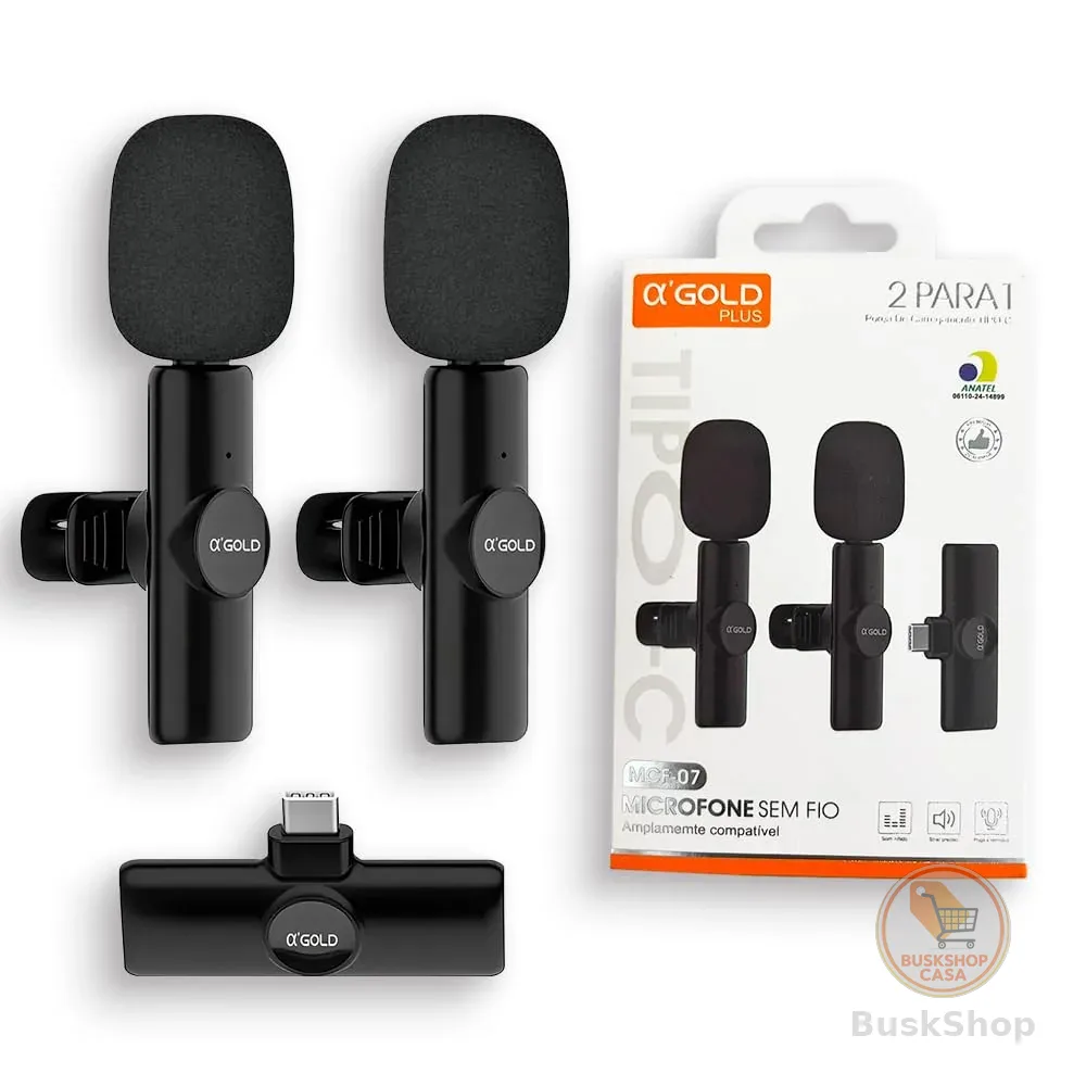 Microfone de Lapela Sem Fio Duplo Tipo-C, Kit 2 Microfones com Redução de Ruído, Conexão 2.4G, Plug & Play, Bateria 6h, para Celular Vídeos, Lives e Entrevistas