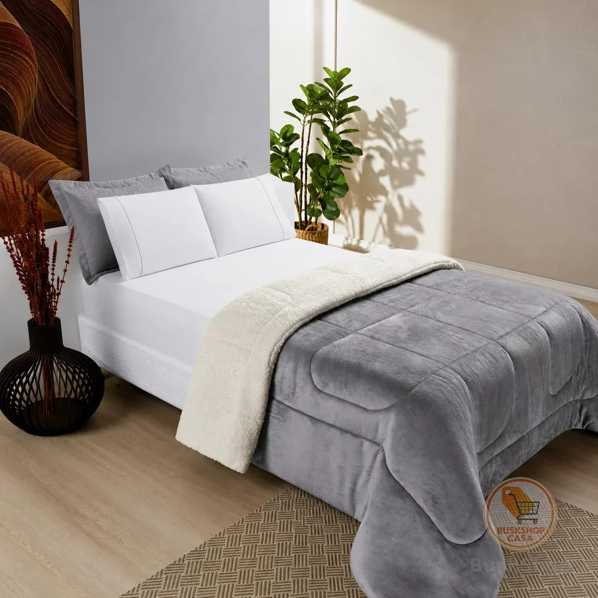 Edredom Cobertor Grosso Coberdrom Sherpa Pele Carneiro Peludo Casal Queen 2,20 x 2,40m (Cinza)