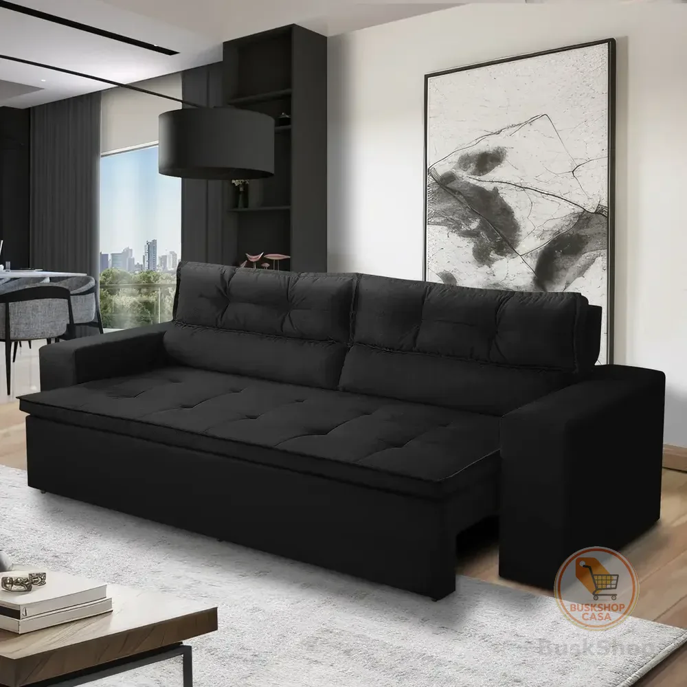 Sofá Retrátil E Reclinável 3 Lugares Com Molas 1,80m Vegas Suede Preto Adonai Estofados Liso