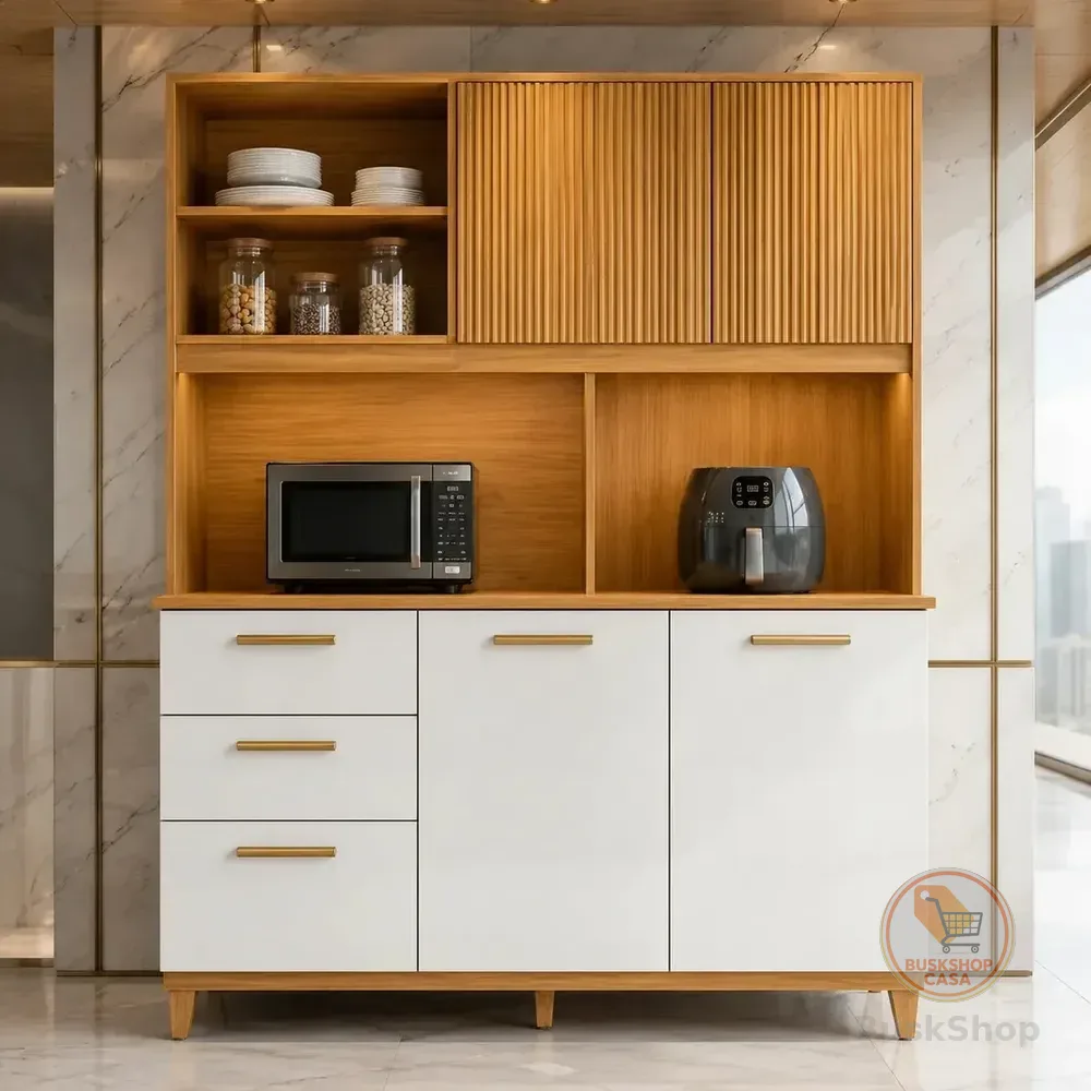 Kit Armário Compacto Kit Cozinha Poliman Com 5 Portas 2 Gavetas Sicília Médio Mdp Pintura Uv Branco Organizador Design Moderno Cor Freijó Off Ripado Frisado