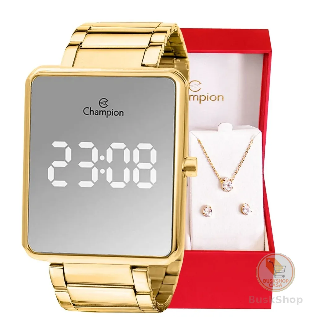 Relógio Digital Feminino Champion Dourado Espelhado Original + Kit Colar e Brincos  CH40086B Relógio Champion Feminino