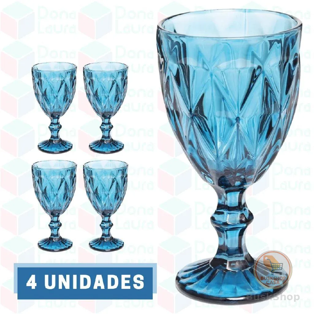 Conjunto 4 Copos Azul Taças Diamante Para Agua Vinho 300ml