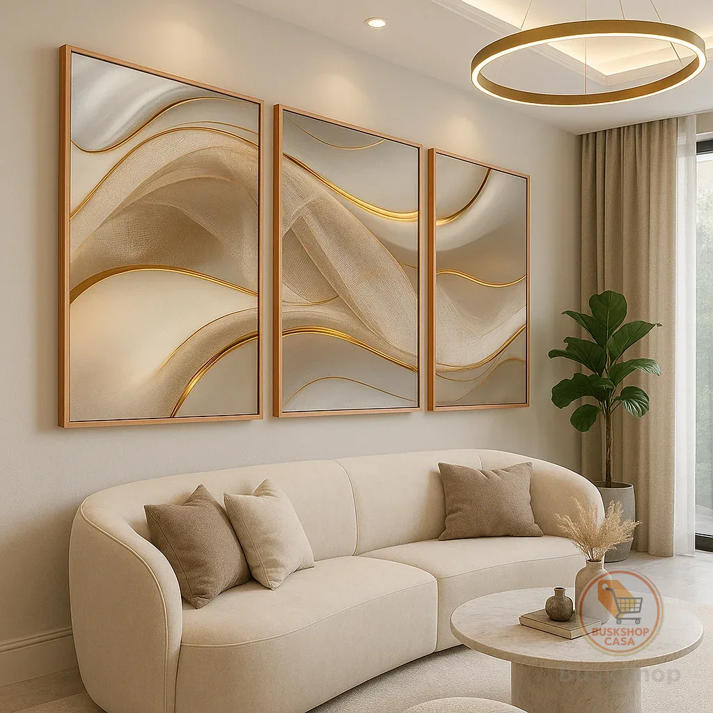 Trio Quadros Decorativo Moldura Vidro 50x70 Cm Linhas Luxo