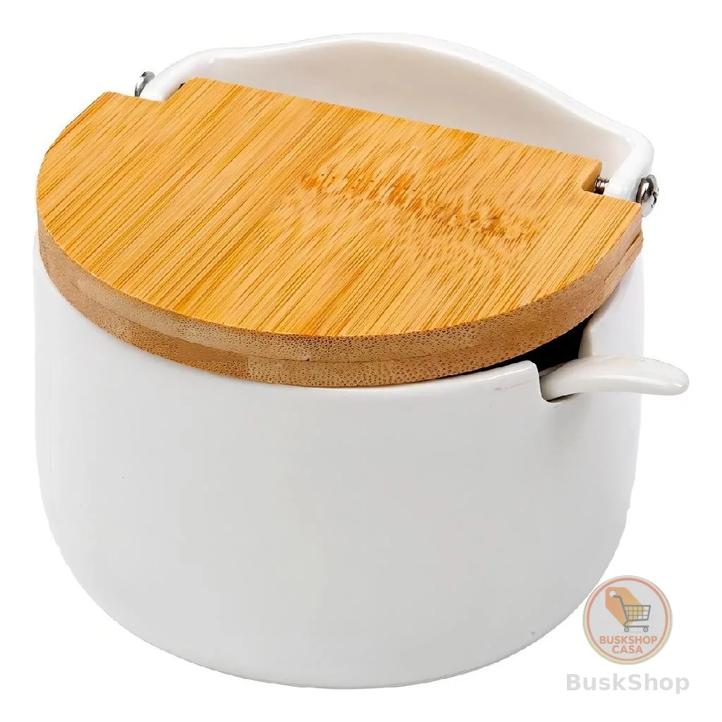 Saleiro De Mesa Em Cerâmica Tampa De Madeira Bianco Lyor