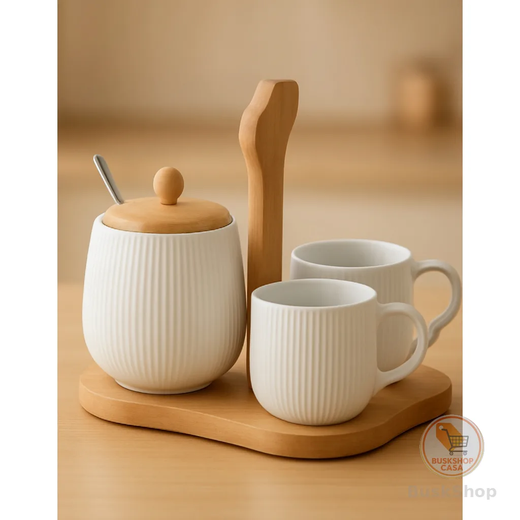 Jogo De 2 Xicaras Com Açucareiro Ceramica Suporte de Bambu 4 Peças