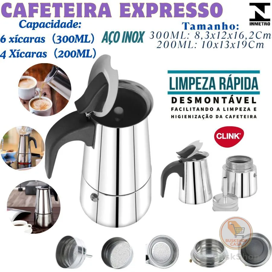 Cafeteira Italiana 300ML 6 Xícaras Inox Ou 200ML 4 Xícaras Compatível Com Fogão De Indução