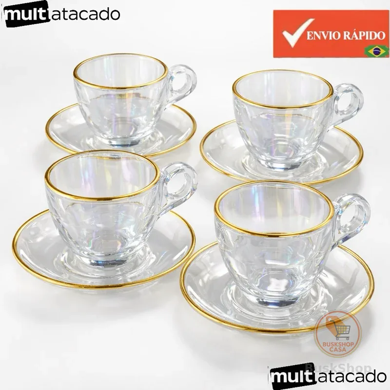 Conjunto 6 Xicaras Com Pires Vidro com Borda Dourada 200Ml Xicara De Cafe Grafiatto Luxo
