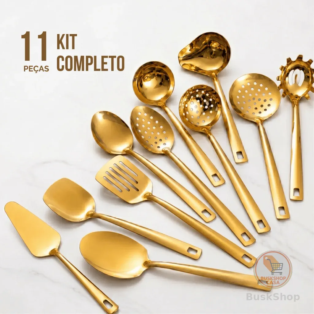 Kit Utensílios 11 Peças Aço Inox Dourado Conjunto Cozinha Talheres Servir Inoxidável Espátula Luxo