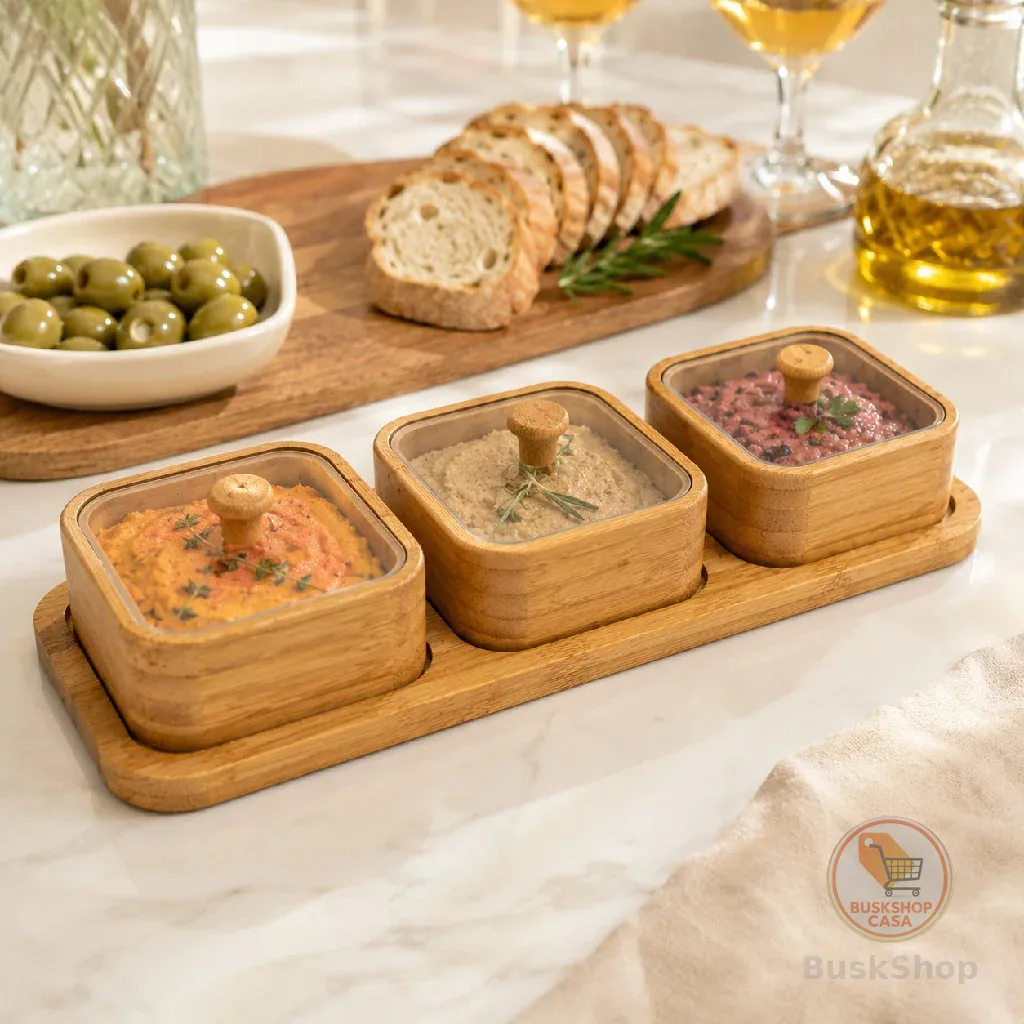 Petisqueira com 3 ou 6 Potes Tampa de Acrílico e Bandeja para Servir em Bambu Natural Pronta Entrega