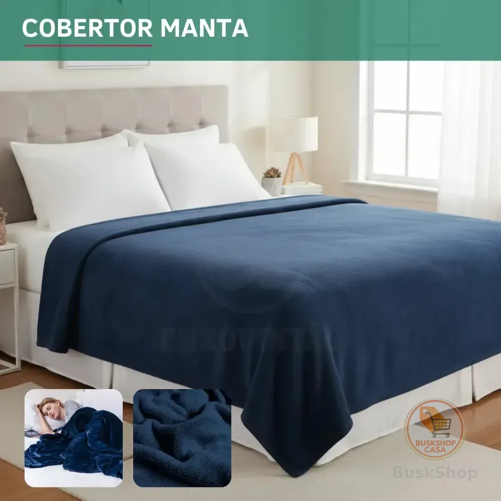 Cobertor Manta Soft Casal Microfibra Antialérgica Veludo Super Quentinha Toque Macio E Confortável Cor Azul Marinho Liso