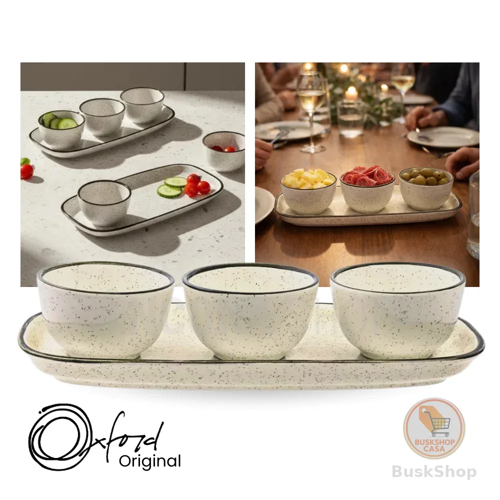 Jogo de Petisqueira 3 Bowls com Bandeja em Cerâmica Retangular Para Servir Domus Brisa Oxford
